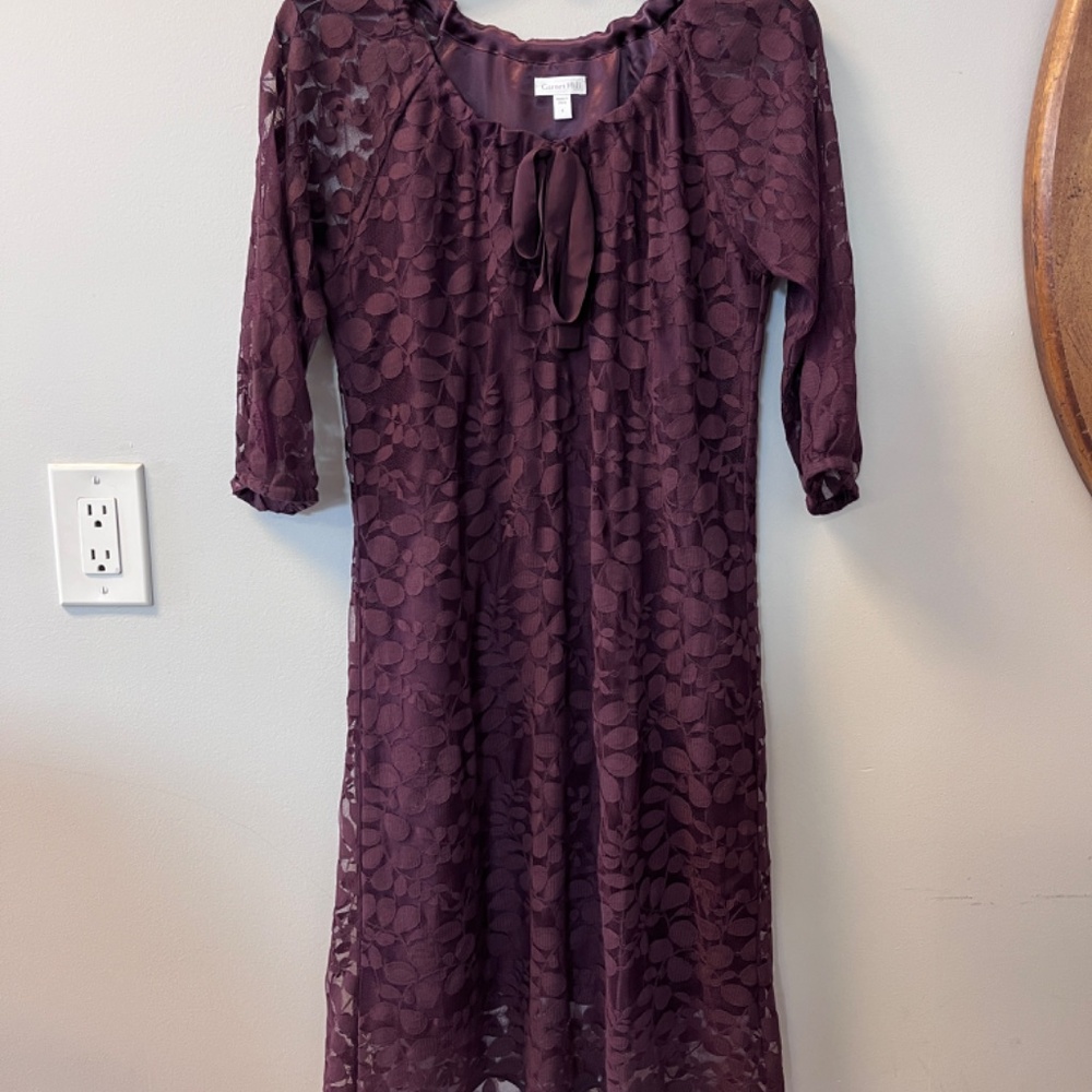 Garnet Hill Boheme Easy Lace Dress Women 4 Deep Mahogany 3/4 Sleeve Knee Length